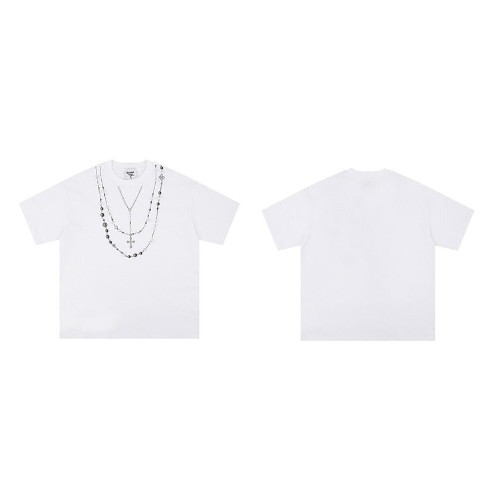 Pearl Cross Necklace Embroidery T-Shirt - Thrashink