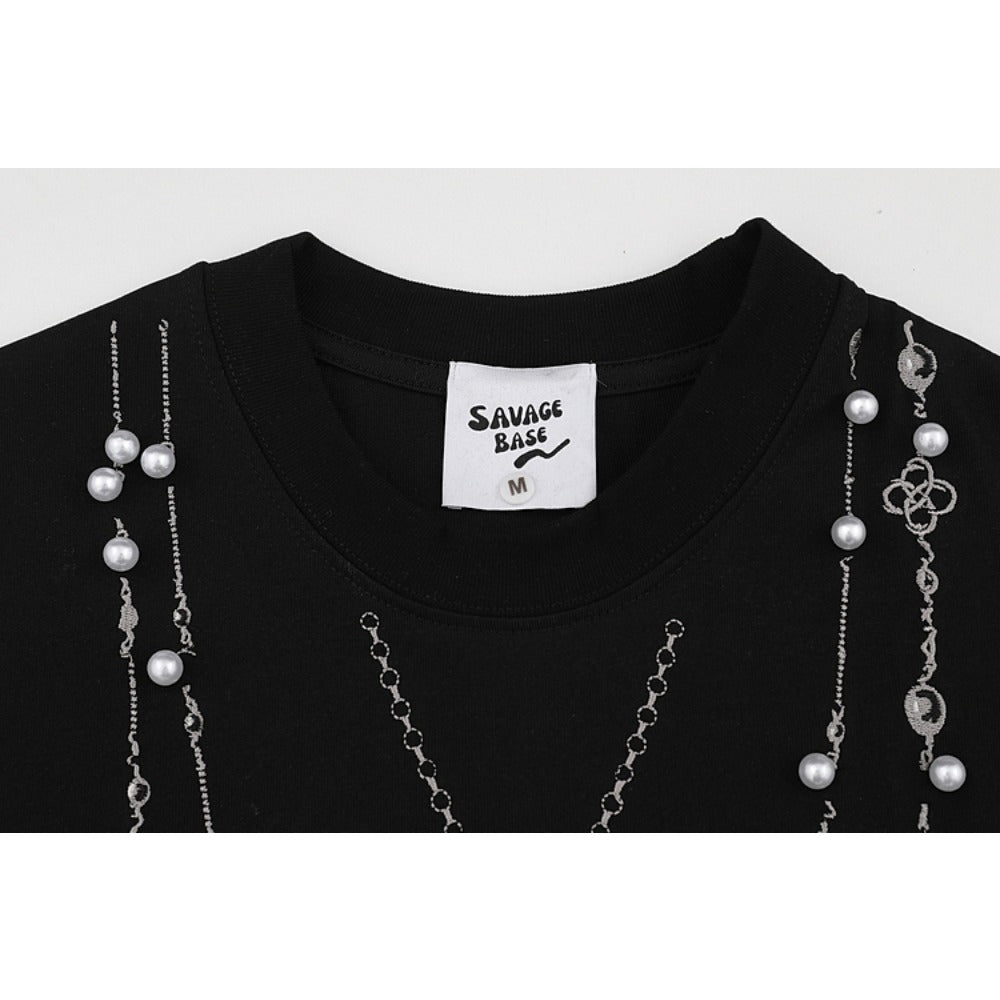 Pearl Cross Necklace Embroidery T-Shirt - Thrashink