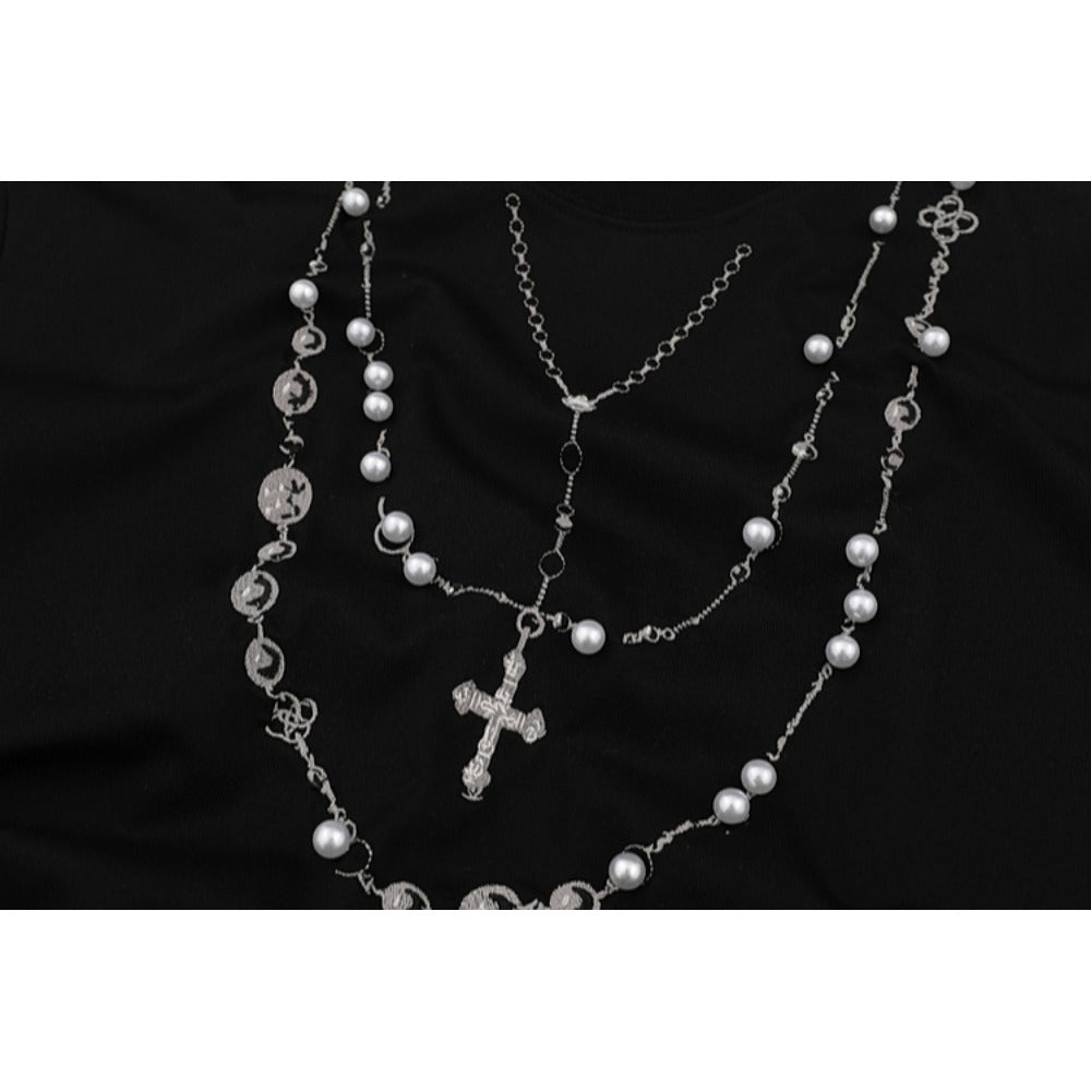 Pearl Cross Necklace Embroidery T-Shirt - Thrashink