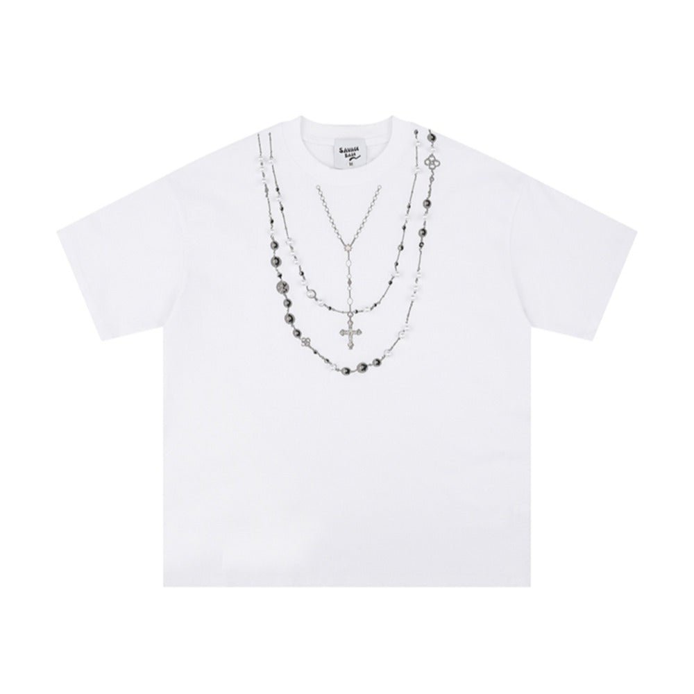 Pearl Cross Necklace Embroidery T-Shirt - Thrashink