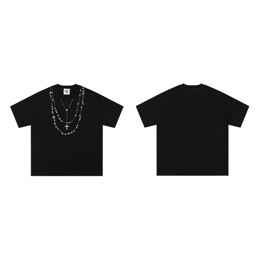 Pearl Cross Necklace Embroidery T-Shirt - Thrashink