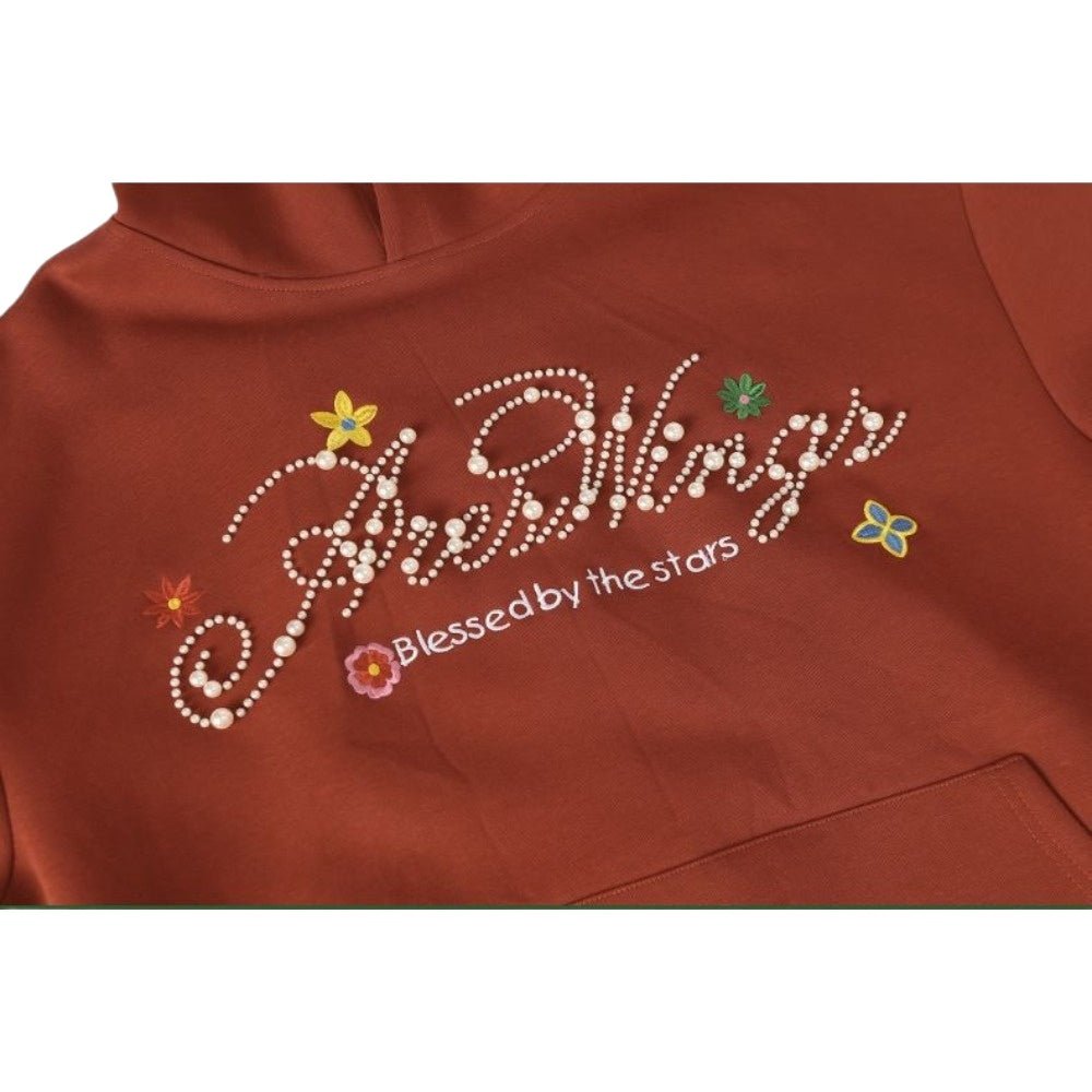 Pearl Embellished Floral Graphic Hoodie - Thrashink