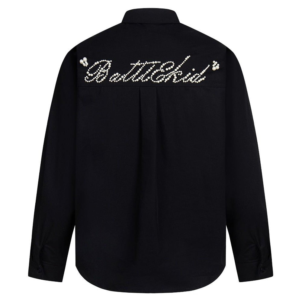 Pearl Embellished Lettered Shirt - Thrashink