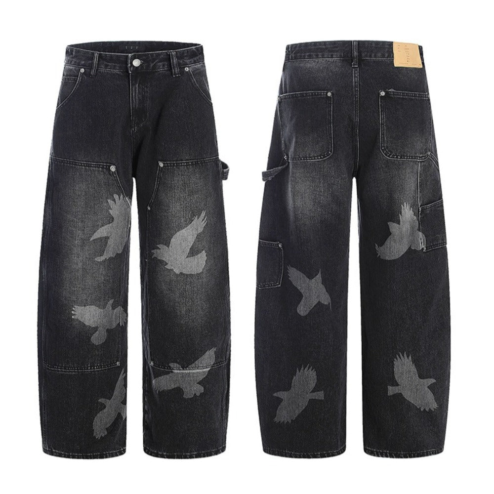 Pigeon Print Loose Jeans - Thrashink