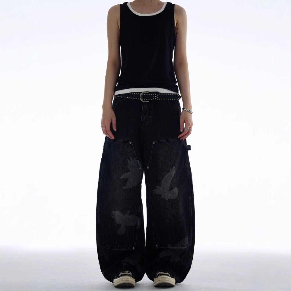 Pigeon Print Loose Jeans - Thrashink