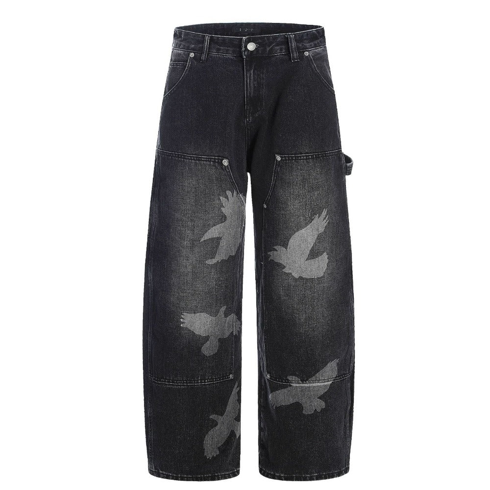 Pigeon Print Loose Jeans - Thrashink