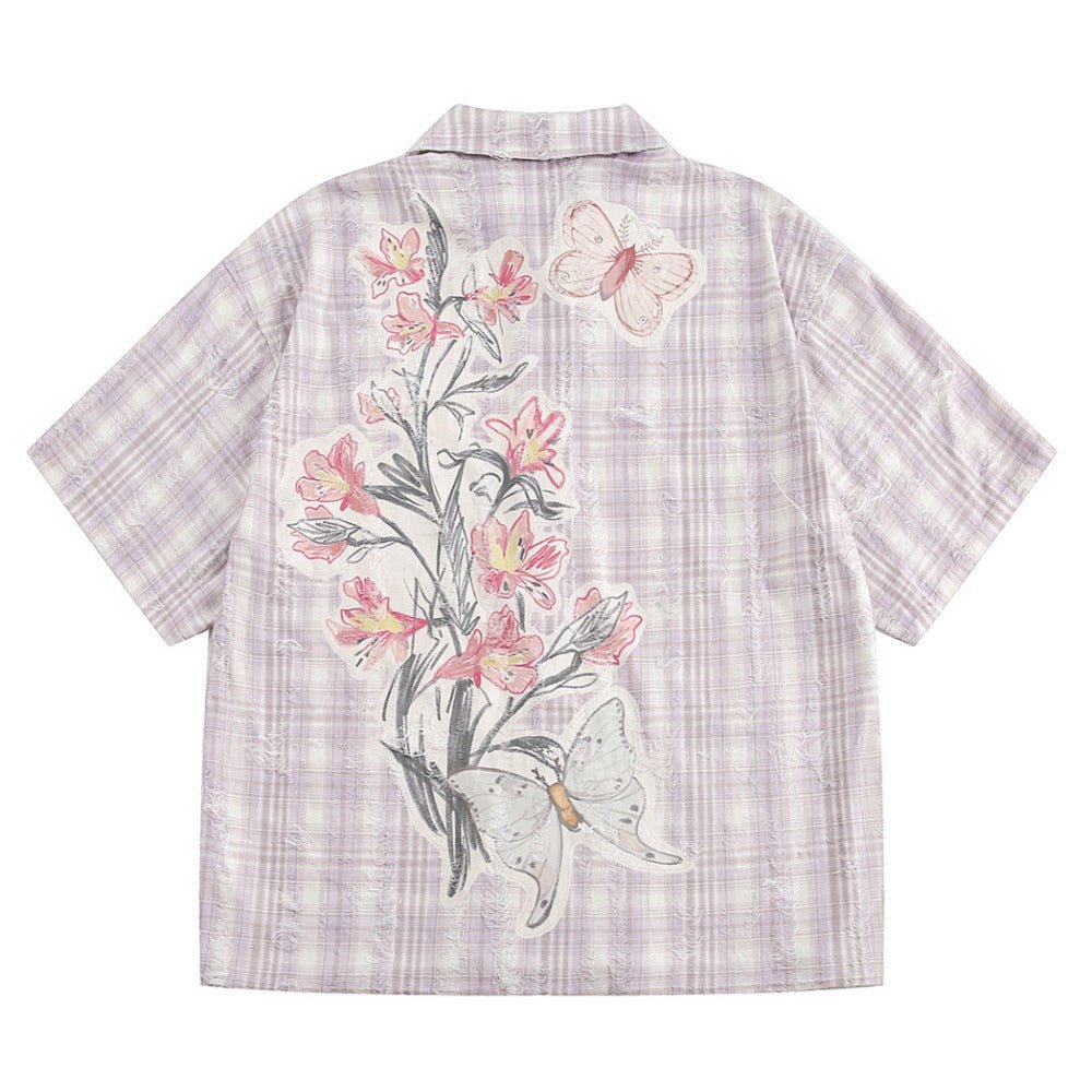 Pinkish Purple Floral Graffiti Check Shirt - Thrashink
