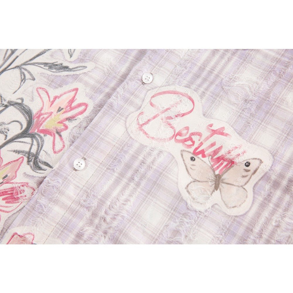 Pinkish Purple Floral Graffiti Check Shirt - Thrashink