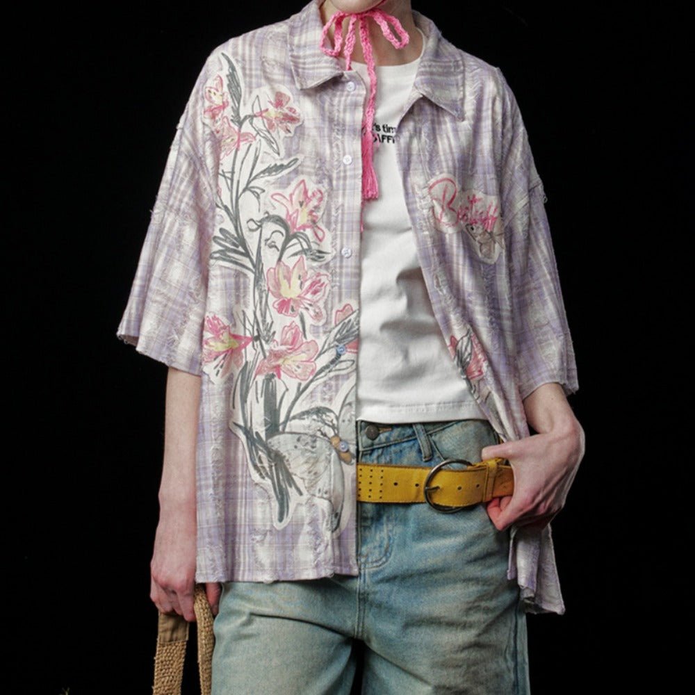 Pinkish Purple Floral Graffiti Check Shirt - Thrashink