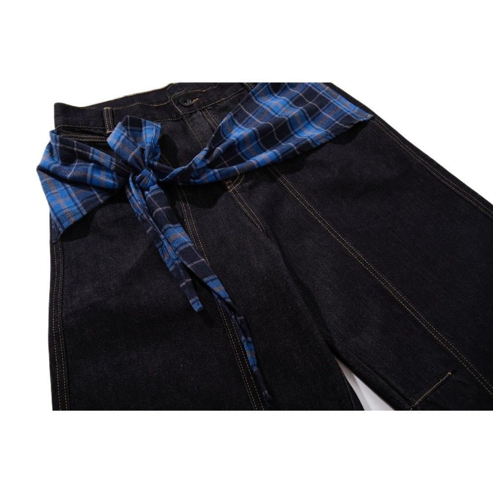 Plaid Accent Wide Leg Jeans - Thrashink