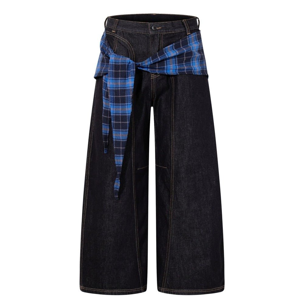 Plaid Accent Wide Leg Jeans - Thrashink
