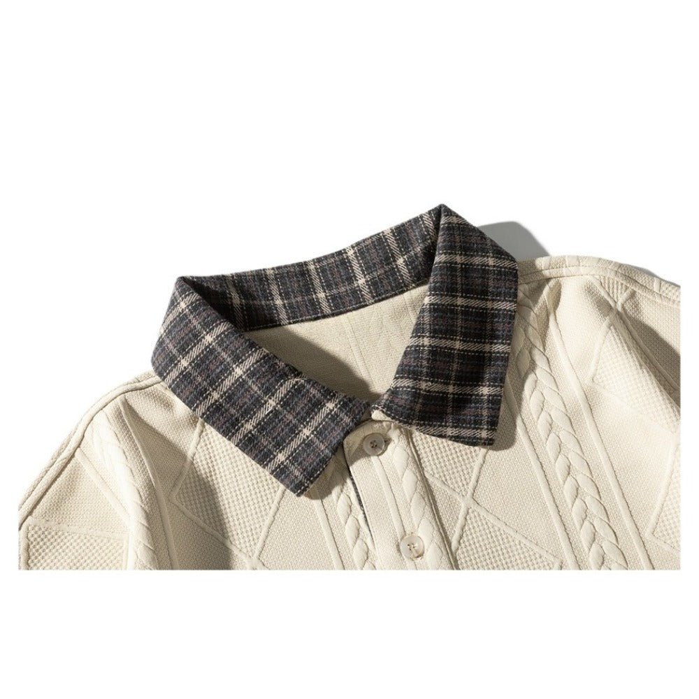 Plaid Collar Textured Polo Sweatshirt - Thrashink