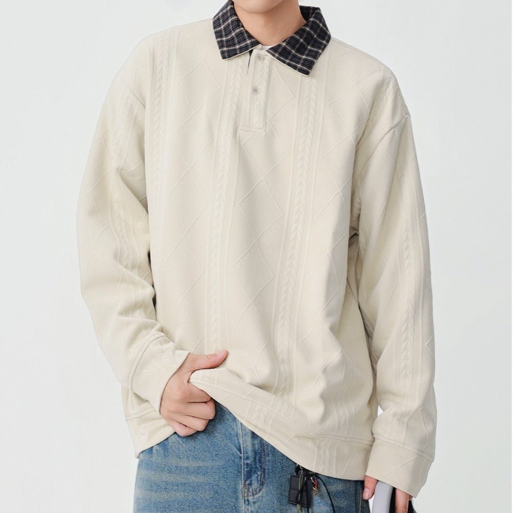 Plaid Collar Textured Polo Sweatshirt - Thrashink