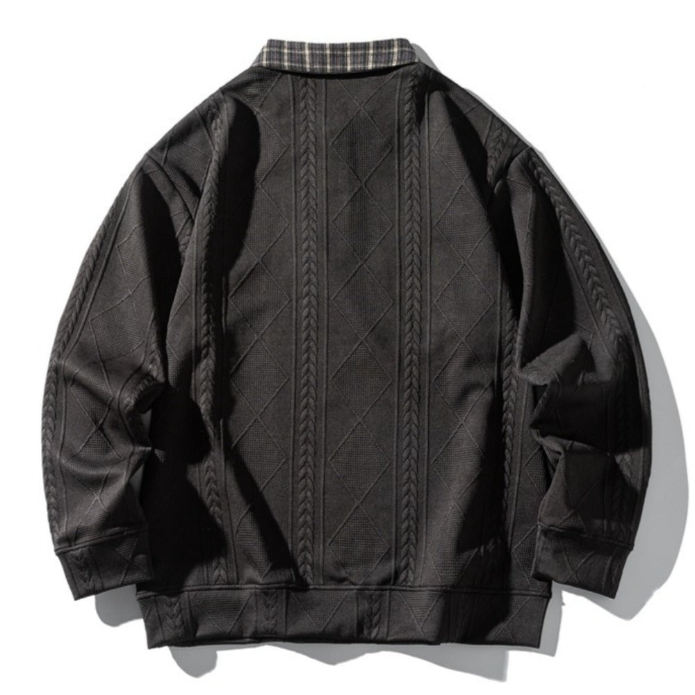 Plaid Collar Textured Polo Sweatshirt - Thrashink