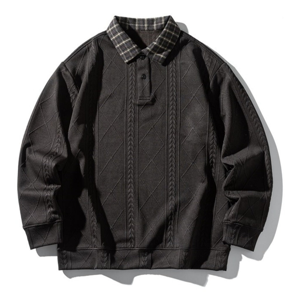 Plaid Collar Textured Polo Sweatshirt - Thrashink