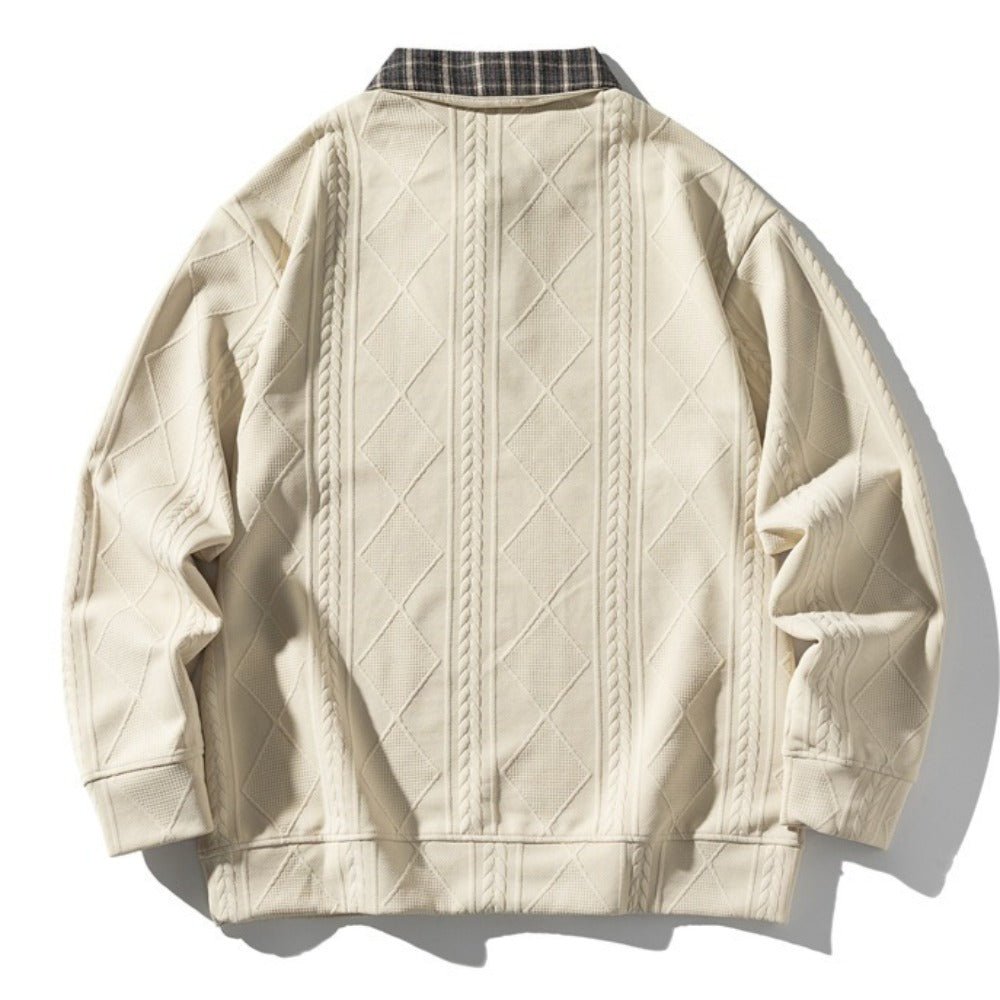 Plaid Collar Textured Polo Sweatshirt - Thrashink