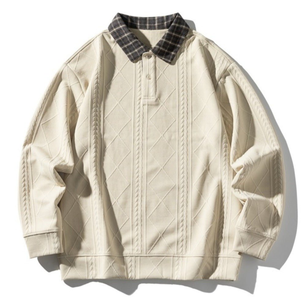 Plaid Collar Textured Polo Sweatshirt - Thrashink