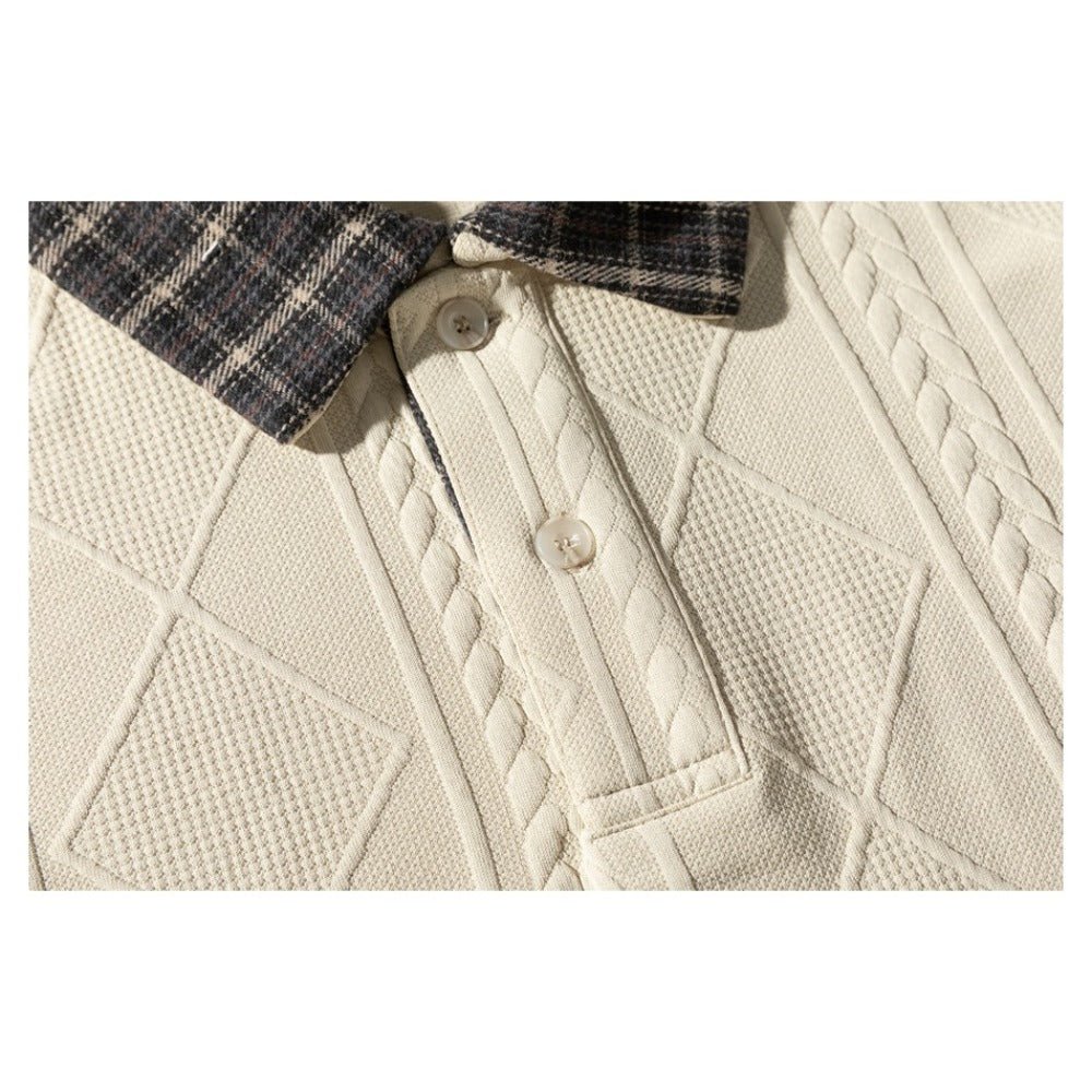 Plaid Collar Textured Polo Sweatshirt - Thrashink