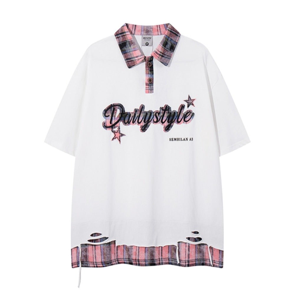 Plaid Lapel Star Fake Two Piece T-Shirt - Thrashink