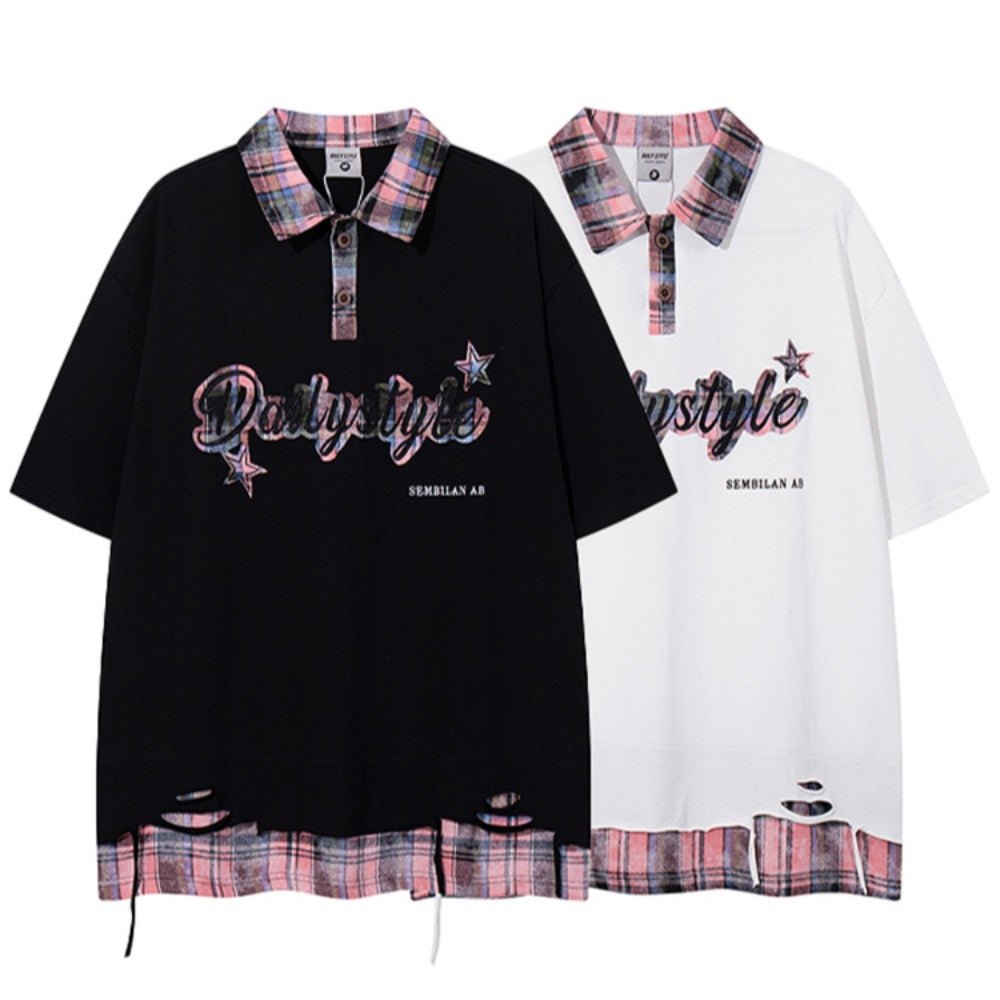 Plaid Lapel Star Fake Two Piece T-Shirt - Thrashink