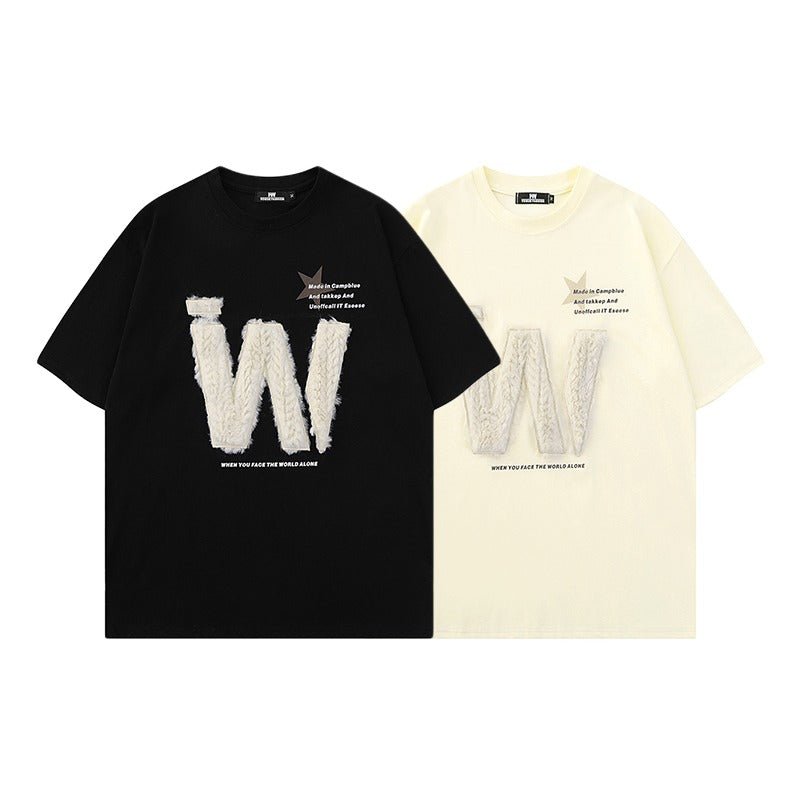 Plush Embroidered "W" Short Sleeve T-Shirt - Thrashink