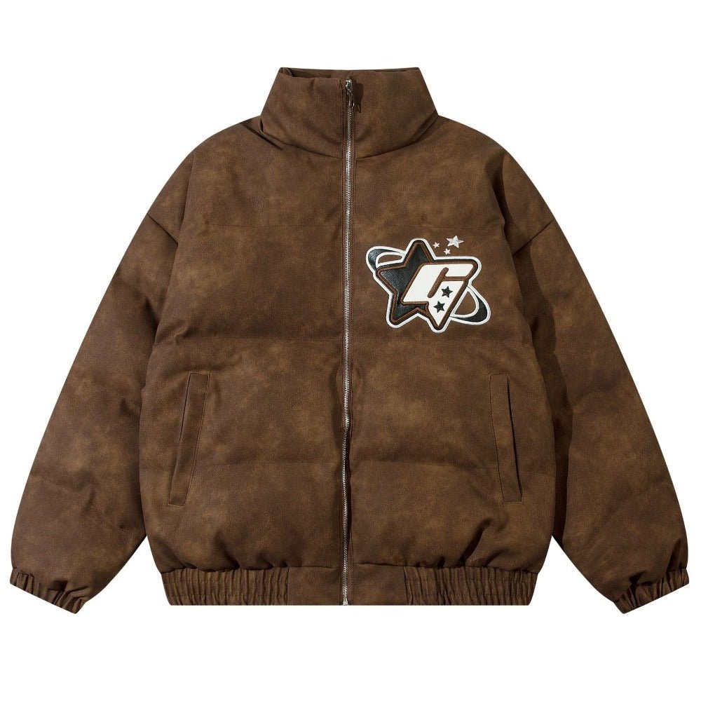 PU Leather Embroidered Letter Collar Padded Jacket - Thrashink