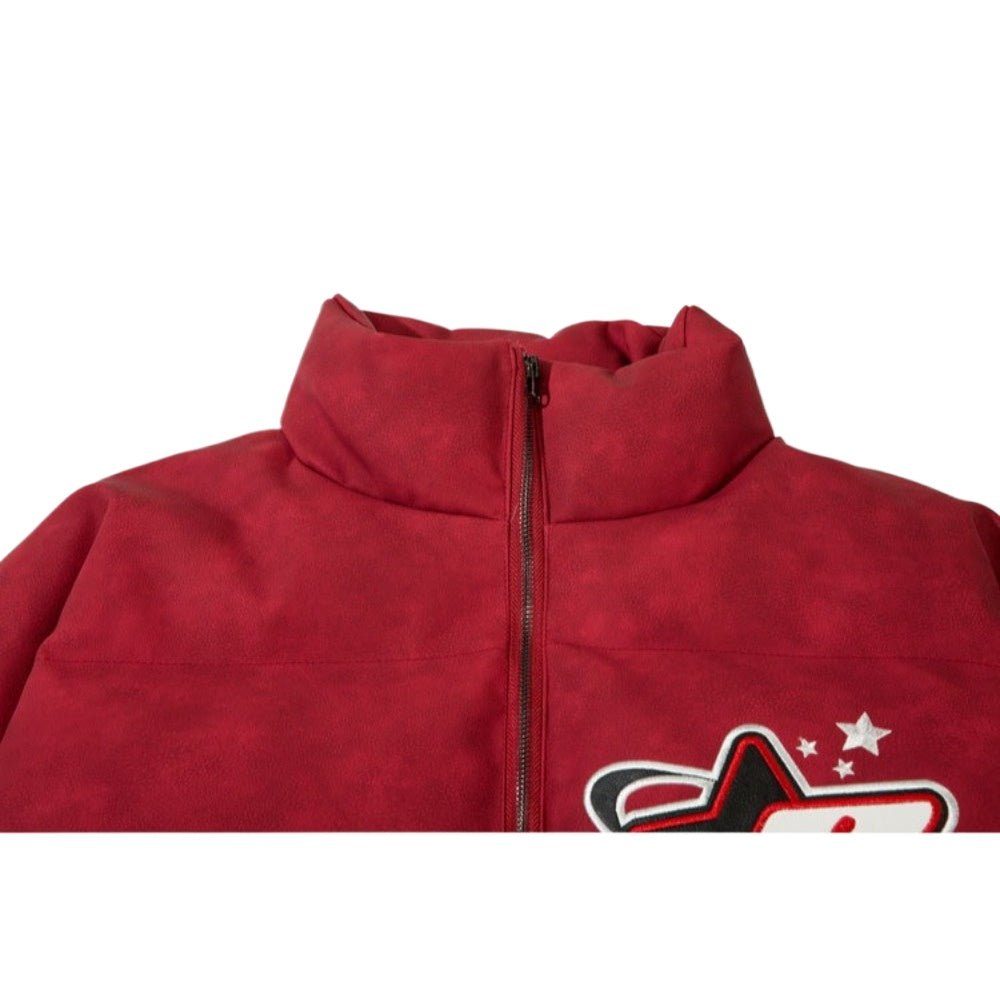 PU Leather Embroidered Letter Collar Padded Jacket - Thrashink
