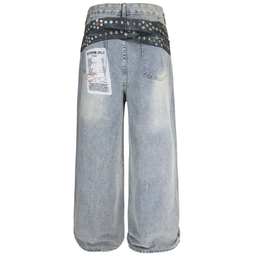 Punk Rivet Belt Badge Print Jeans - Thrashink