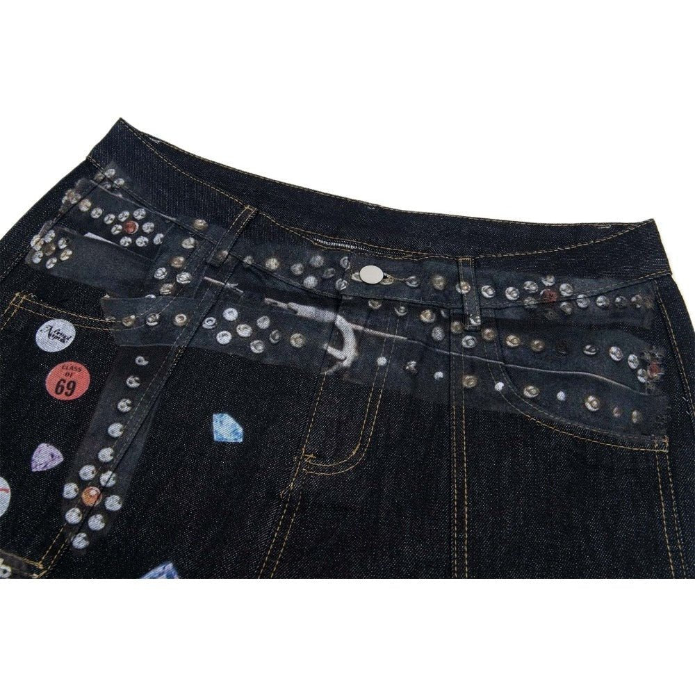 Punk Rivet Belt Badge Print Jeans - Thrashink