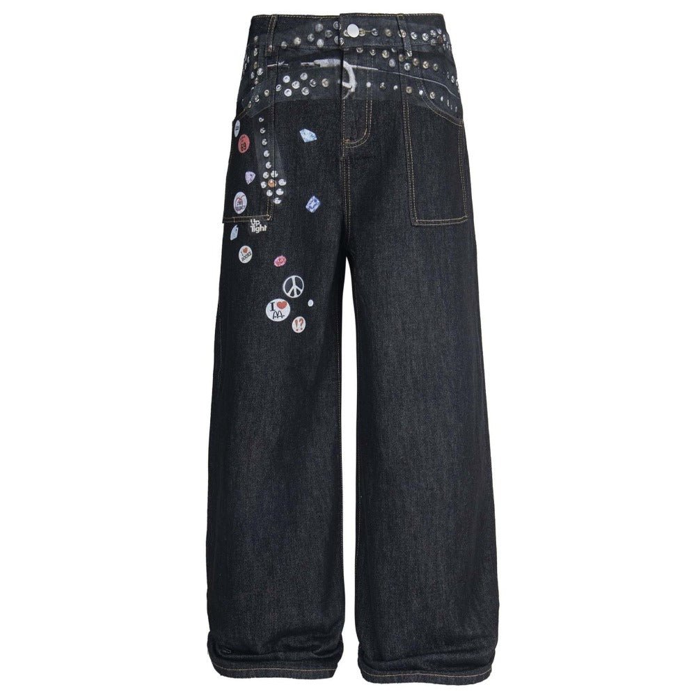 Punk Rivet Belt Badge Print Jeans - Thrashink