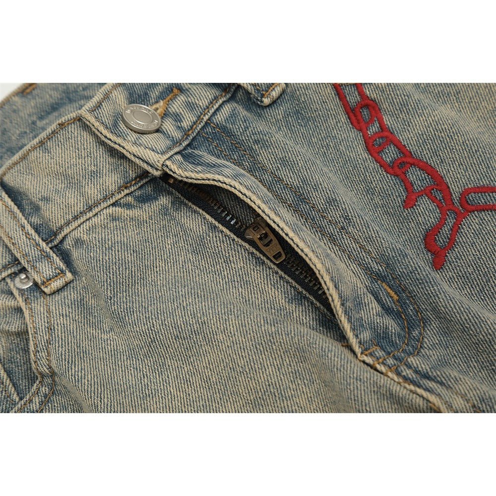 Red Chain - Spike Embroidered Jeans - Thrashink