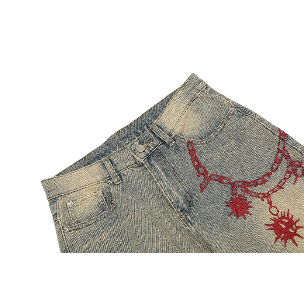 Red Chain - Spike Embroidered Jeans - Thrashink