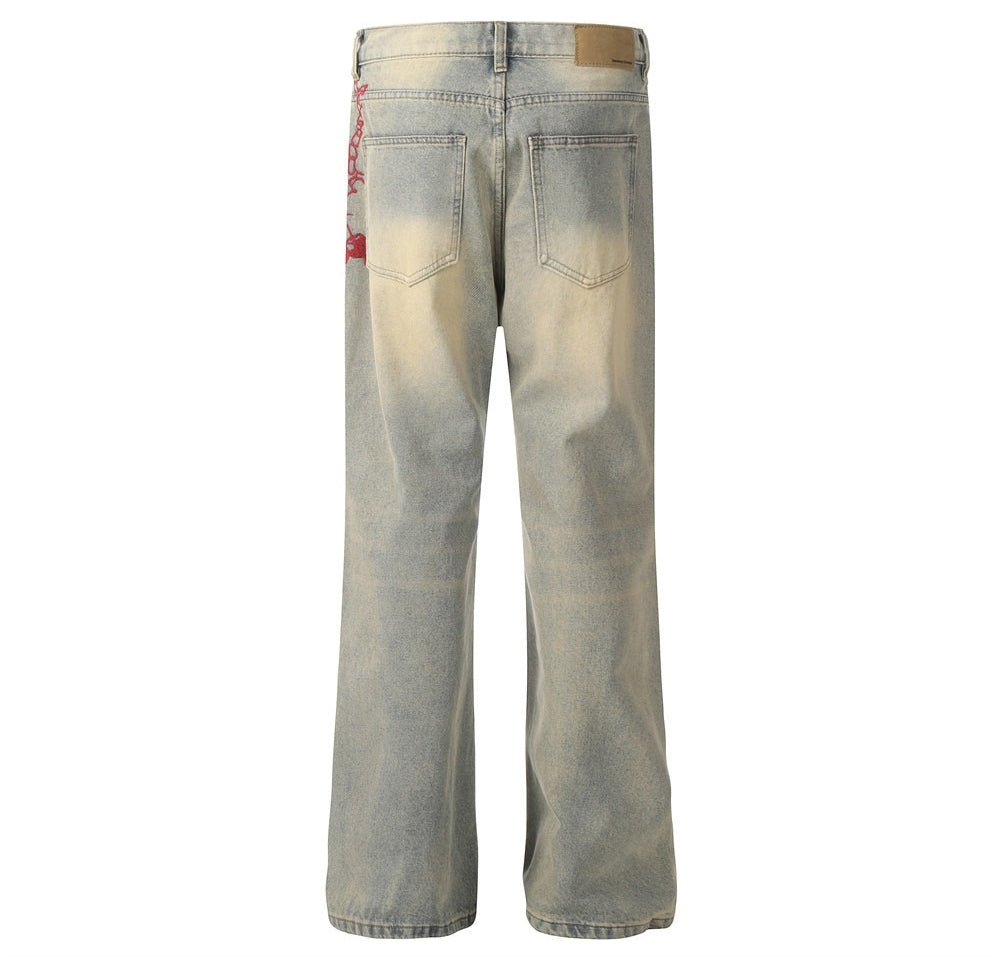 Red Chain - Spike Embroidered Jeans - Thrashink