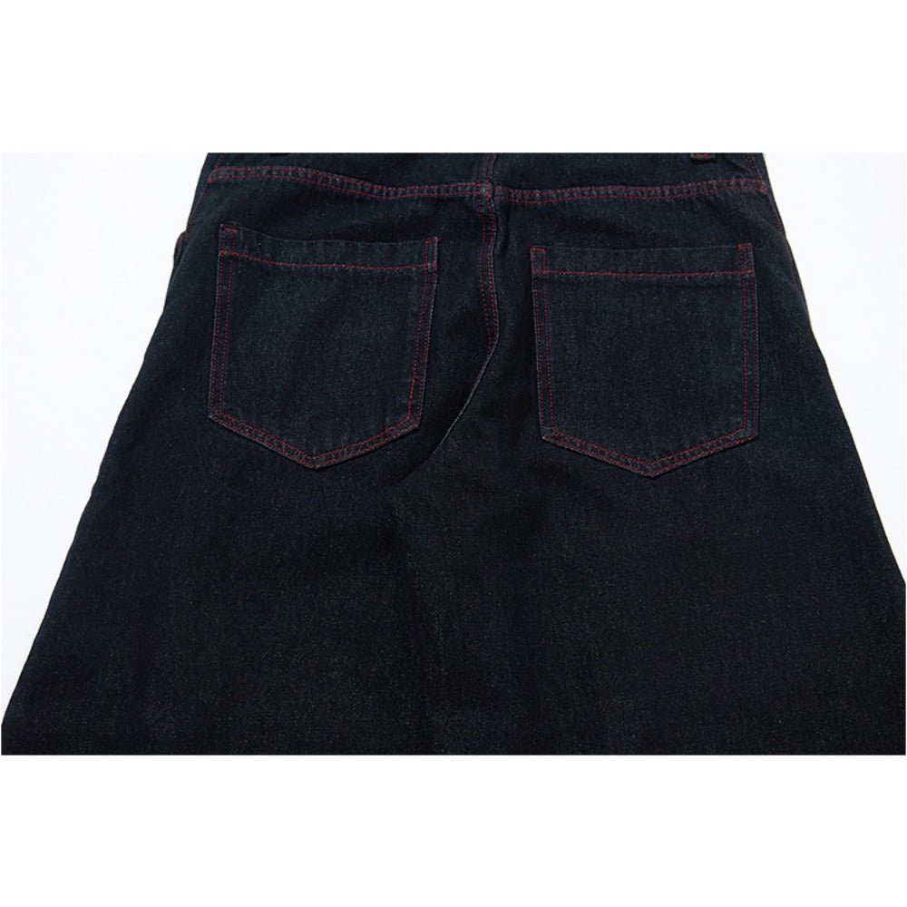 Red Line Button Fly Loose Jeans - Thrashink