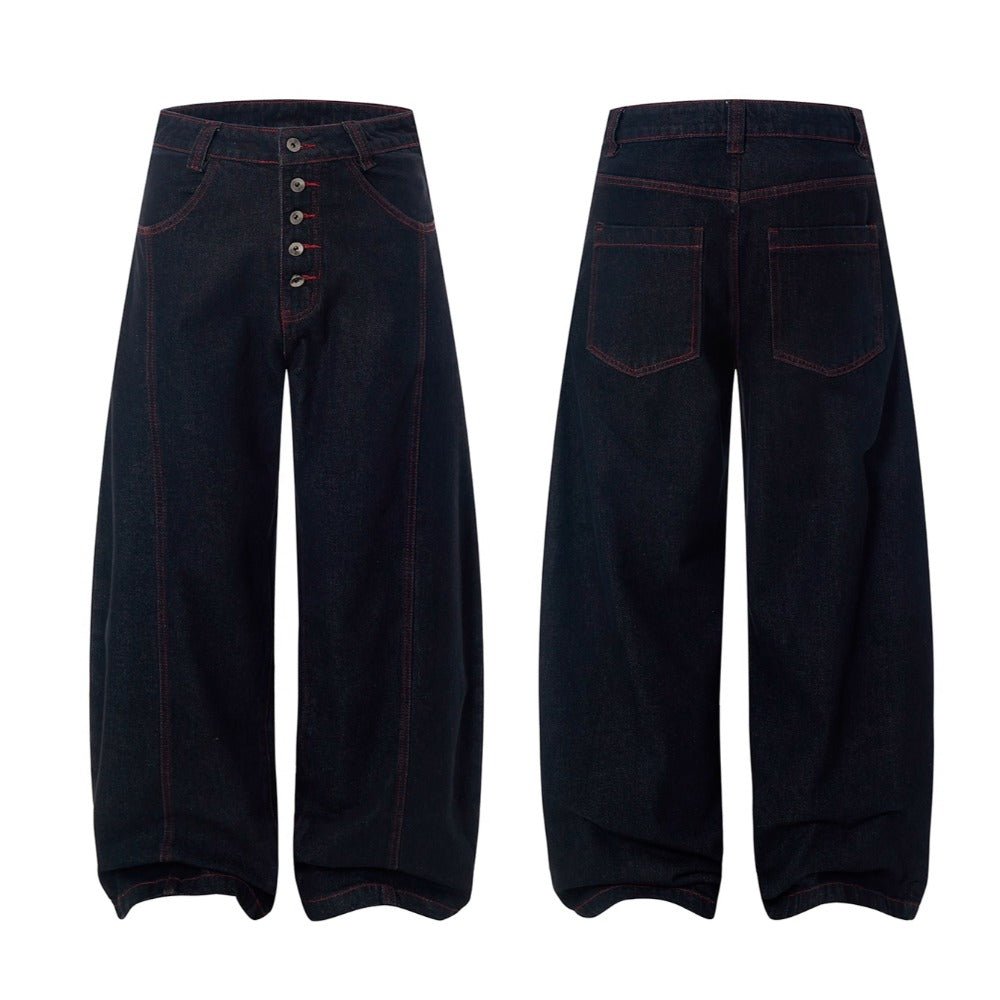Red Line Button Fly Loose Jeans - Thrashink