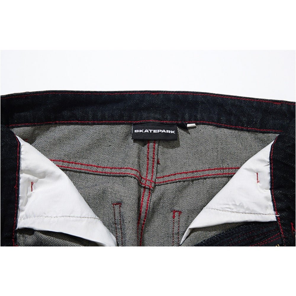 Red Line Button Fly Loose Jeans - Thrashink