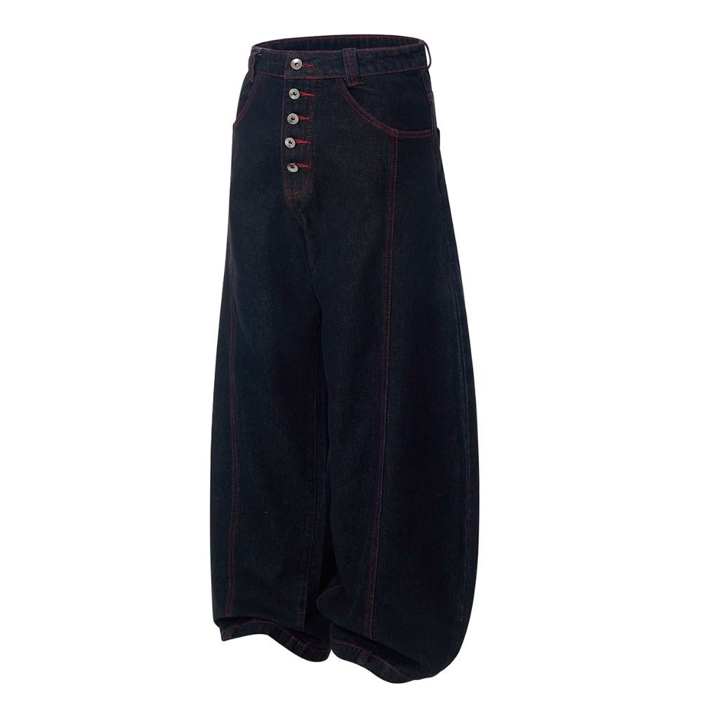 Red Line Button Fly Loose Jeans - Thrashink