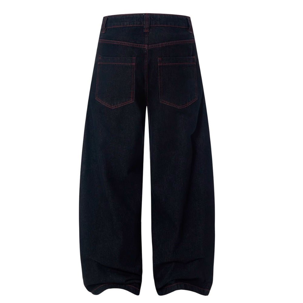 Red Line Button Fly Loose Jeans - Thrashink