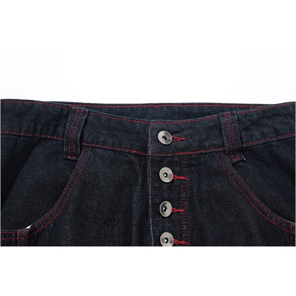 Red Line Button Fly Loose Jeans - Thrashink