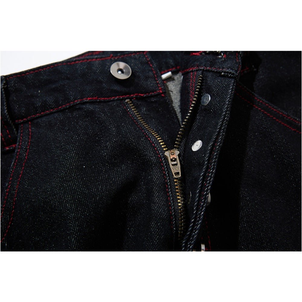 Red Line Button Fly Loose Jeans - Thrashink