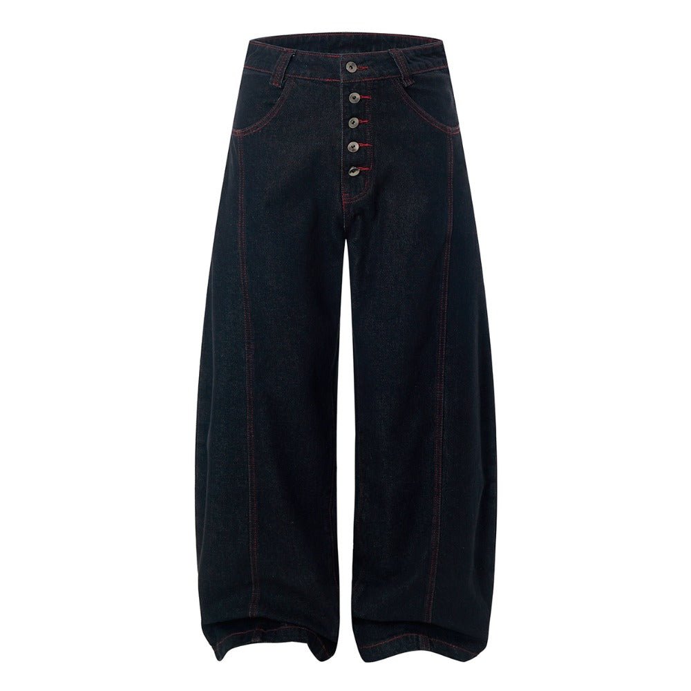 Red Line Button Fly Loose Jeans - Thrashink