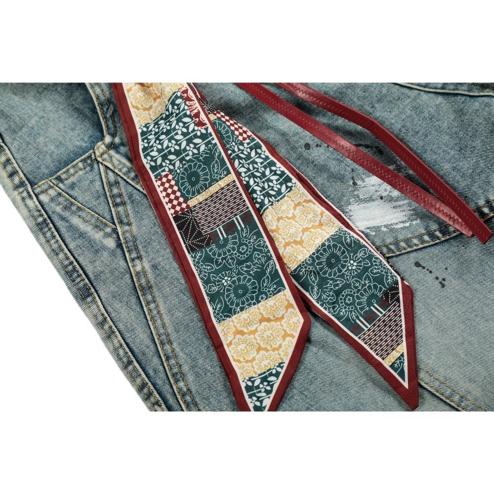 Retro Cat Whiskering Splatter Paint Belt Jeans - Thrashink