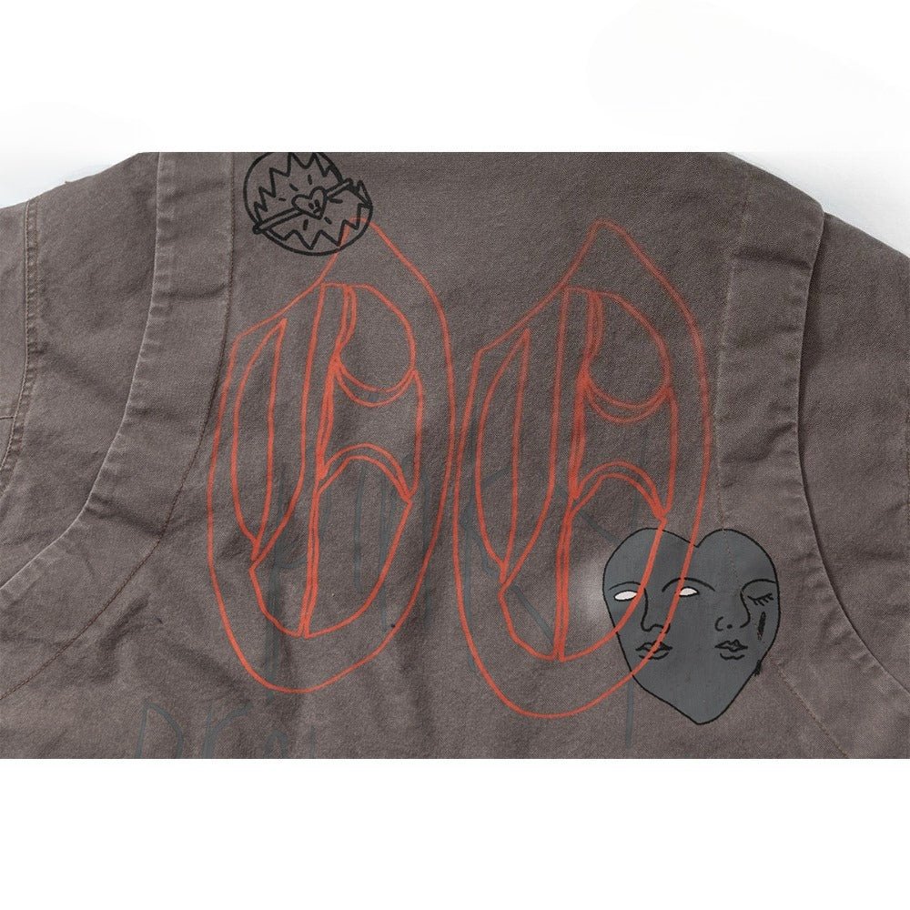Retro Distressed Graffiti High - neck Cotton Jacket - Thrashink