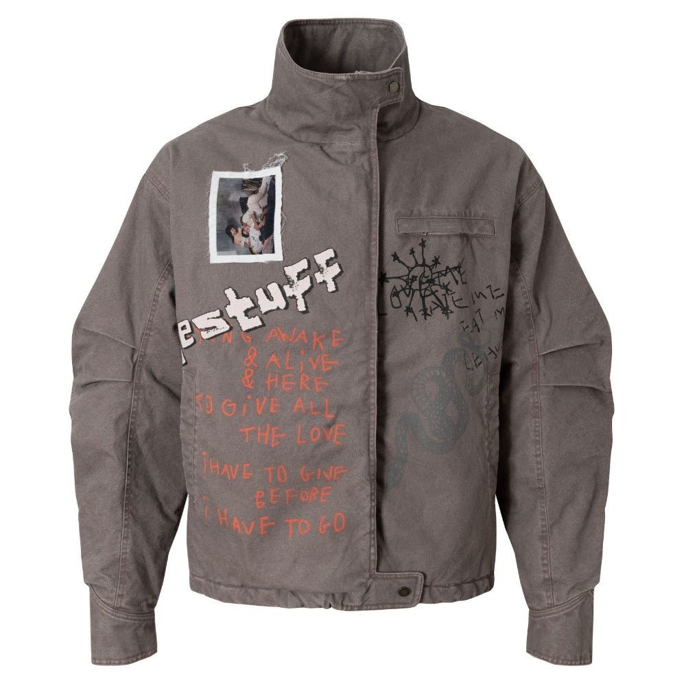 Retro Distressed Graffiti High - neck Cotton Jacket - Thrashink