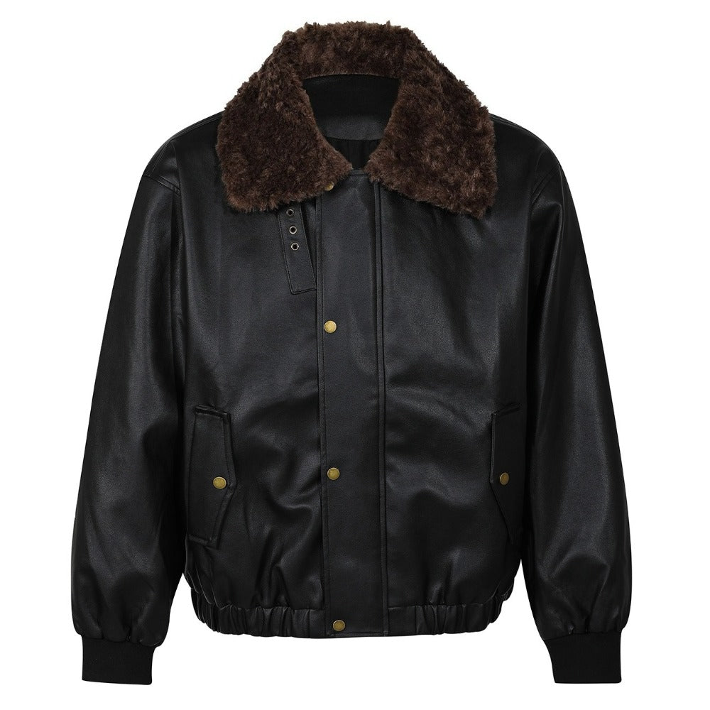 Retro Faux Fur Collar Leather Jacket - Thrashink
