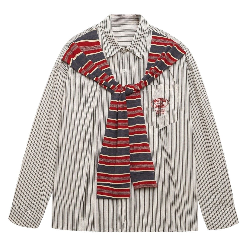 Retro Faux Two - piece Shawl - striped Shirt - Thrashink