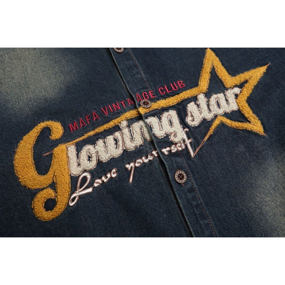 Retro Flocking Letter Embroidery Denim Shirt - Thrashink