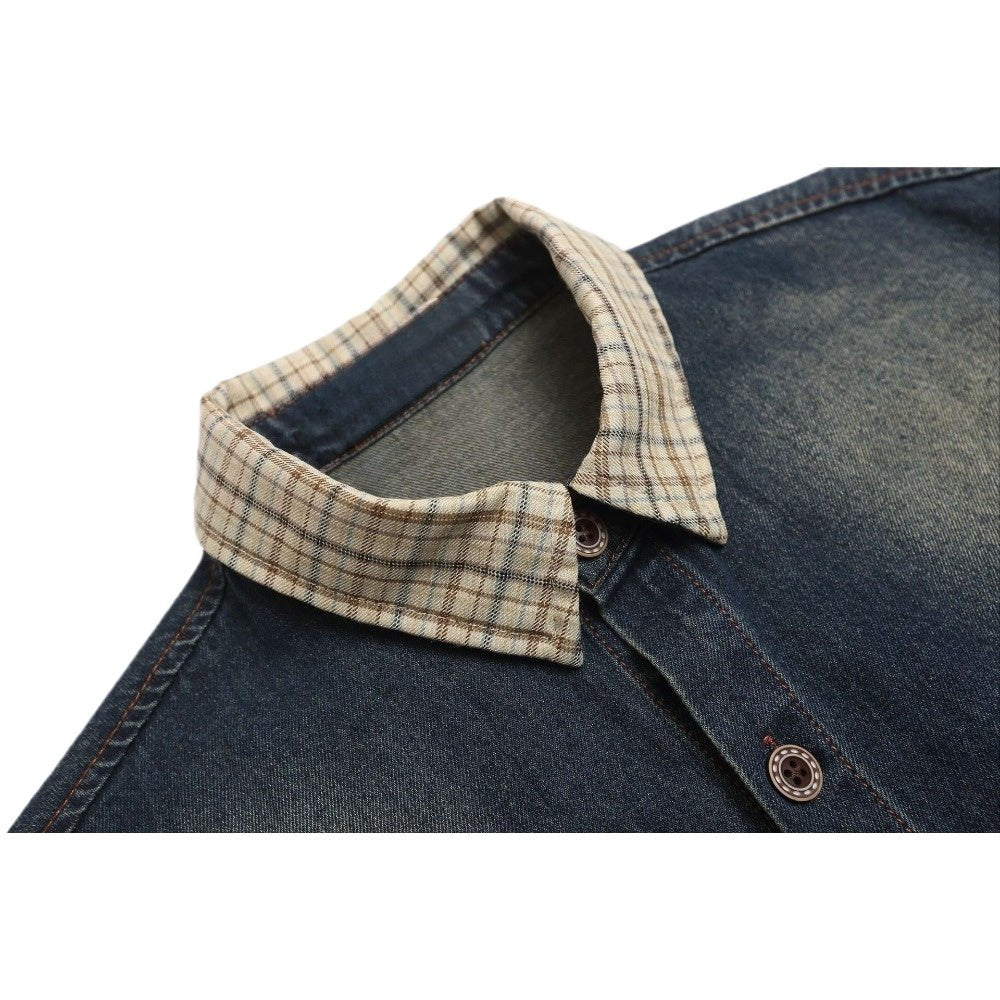 Retro Flocking Letter Embroidery Denim Shirt - Thrashink