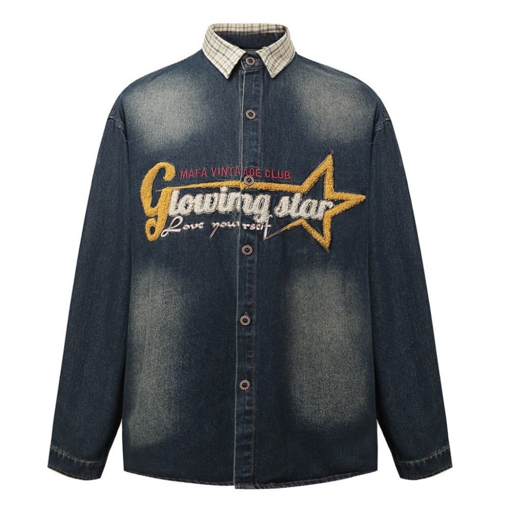 Retro Flocking Letter Embroidery Denim Shirt - Thrashink