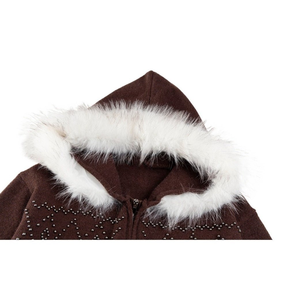Retro Fur Collar Beaded Knit Zip Jacket - Thrashink